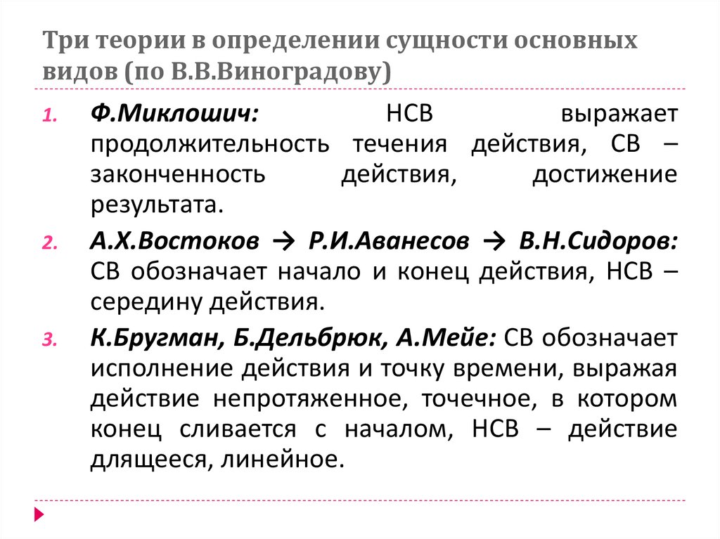 Три теории в определении сущности основных видов (по В.В.Виноградову)