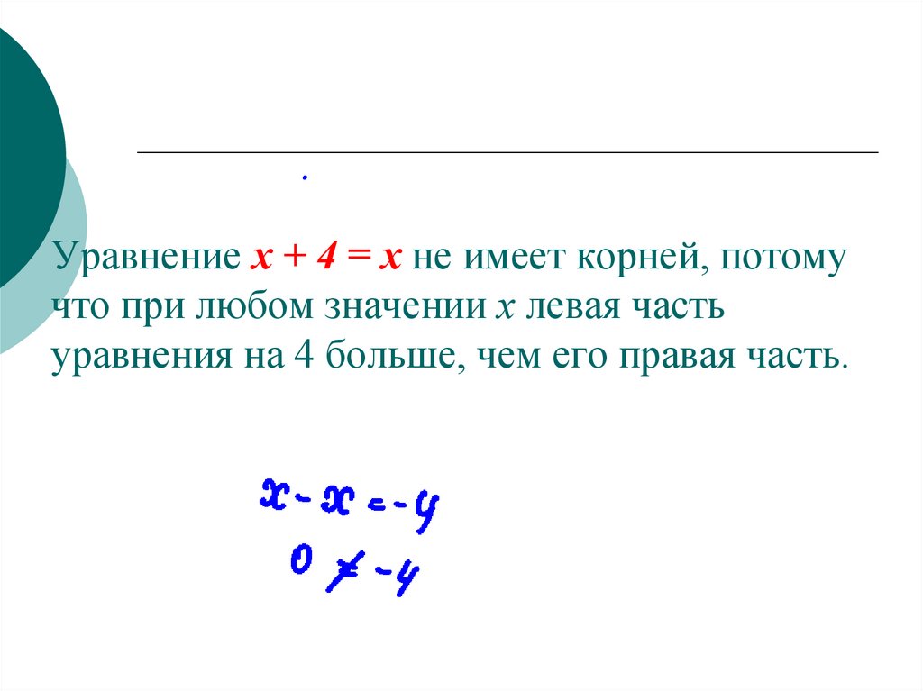 Уравнение х + 4 = х не имеет корней, потому что при любом значении х левая часть уравнения на 4 больше, чем его правая часть.