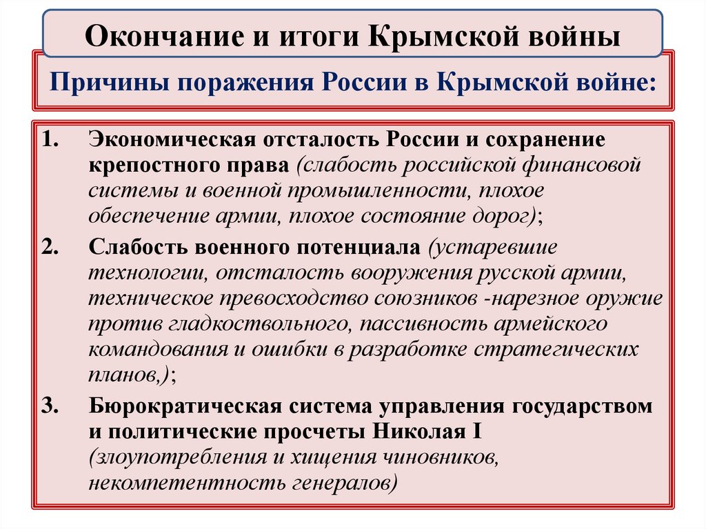 Причины поражения России в Крымской войне:
