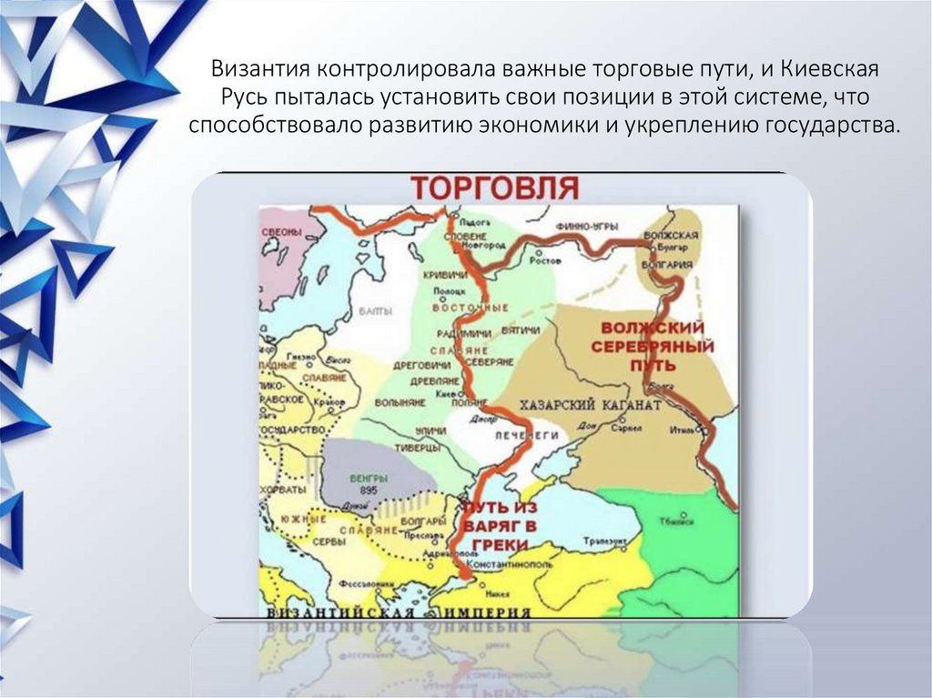 Византия контролировала важные торговые пути, и Киевская Русь пыталась установить свои позиции в этой системе, что