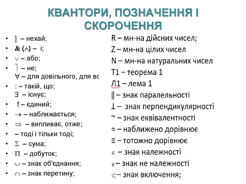 Квантори, Позначення І скорочення