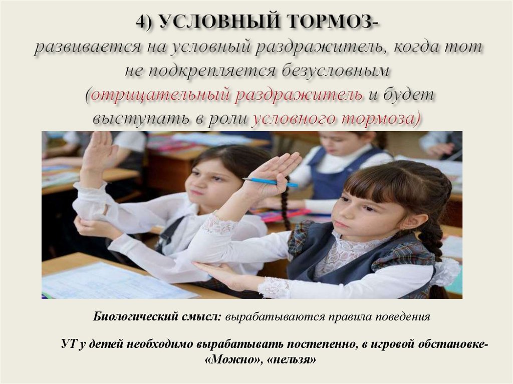 4) УСЛОВНЫЙ ТОРМОЗ- развивается на условный раздражитель, когда тот не подкрепляется безусловным (отрицательный раздражитель и