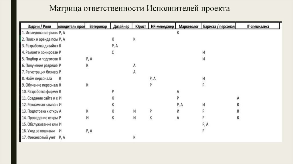 Матрица ответственности Исполнителей проекта