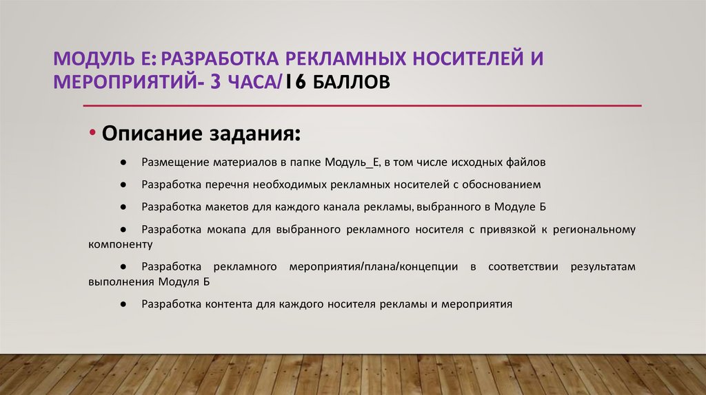 Модуль Е: Разработка рекламных носителей и мероприятий- 3 часа/16 баллов