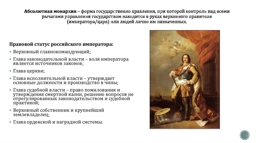 Абсолютная монархия – форма государственно правления, при которой контроль над всеми рычагами управления государством находится