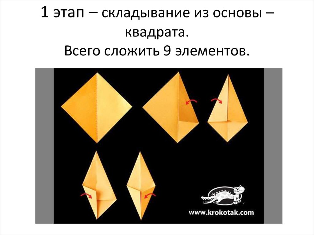 1 этап – складывание из основы – квадрата. Всего сложить 9 элементов.