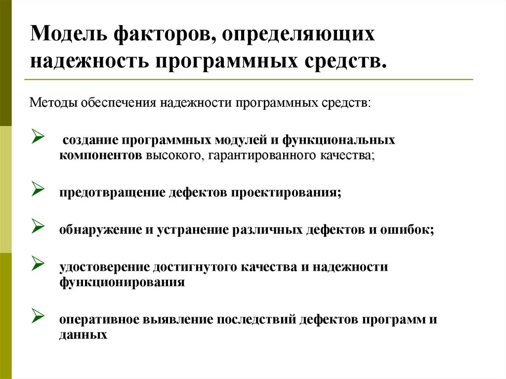Модель факторов, определяющих надежность программных средств.