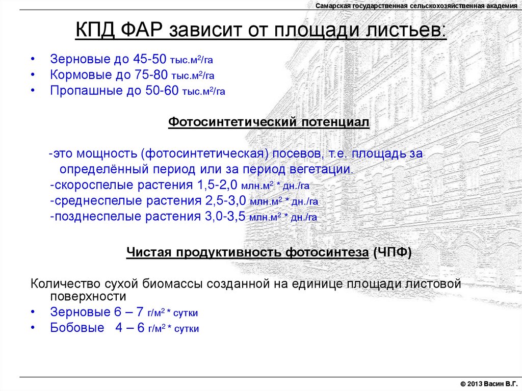 КПД ФАР зависит от площади листьев: