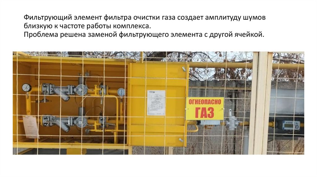 Фильтрующий элемент фильтра очистки газа создает амплитуду шумов близкую к частоте работы комплекса. Проблема решена заменой