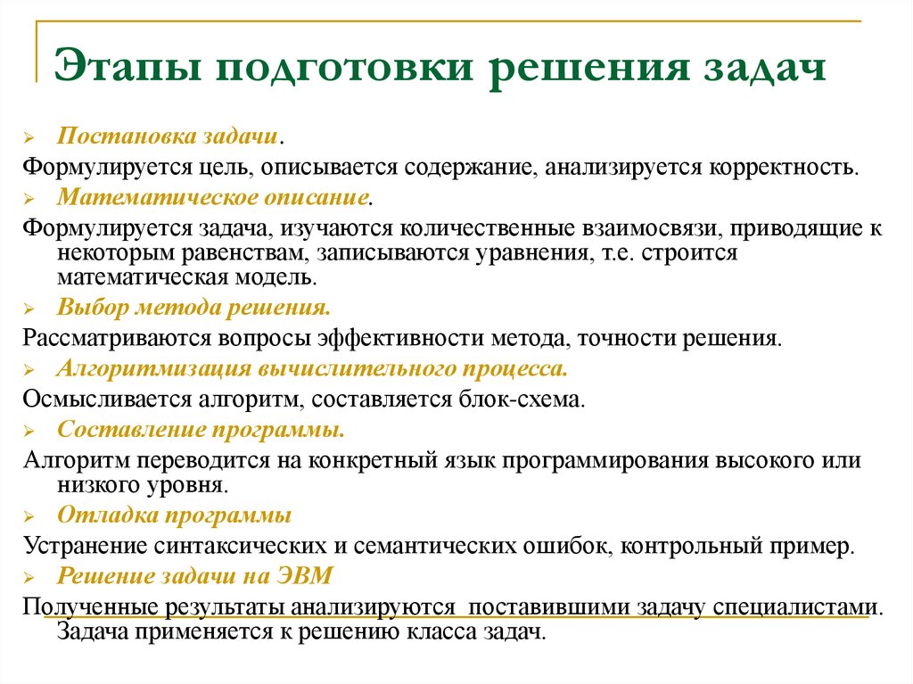 Этапы подготовки решения задач