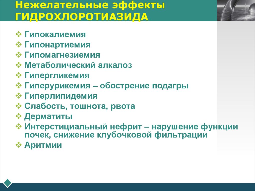 Нежелательные эффекты ГИДРОХЛОРОТИАЗИДА