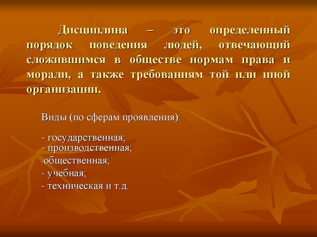 Дисциплина – это определенный порядок поведения людей, отвечающий сложившимся в обществе нормам права и морали, а также
