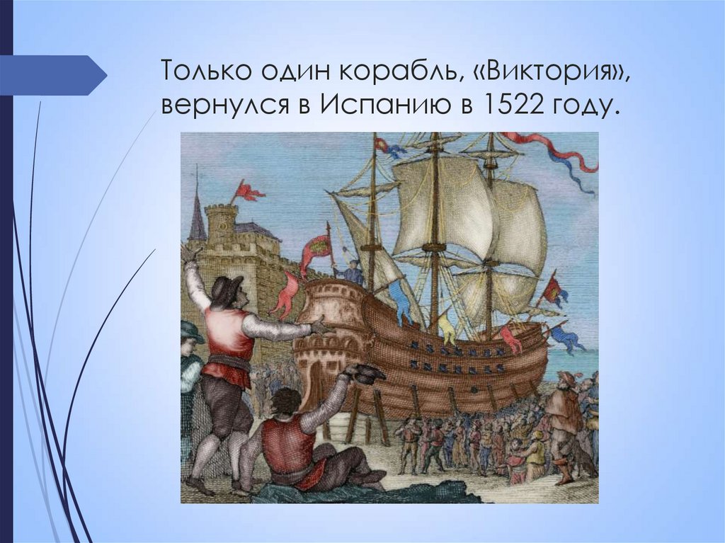 Только один корабль, «Виктория», вернулся в Испанию в 1522 году.