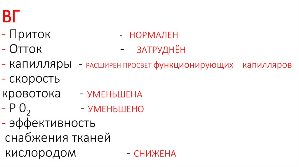 ВГ - Приток - НОРМАЛЕН - Отток - ЗАТРУДНЁН - капилляры - РАСШИРЕН ПРОСВЕТ функционирующих капилляров - скорость кровотока -