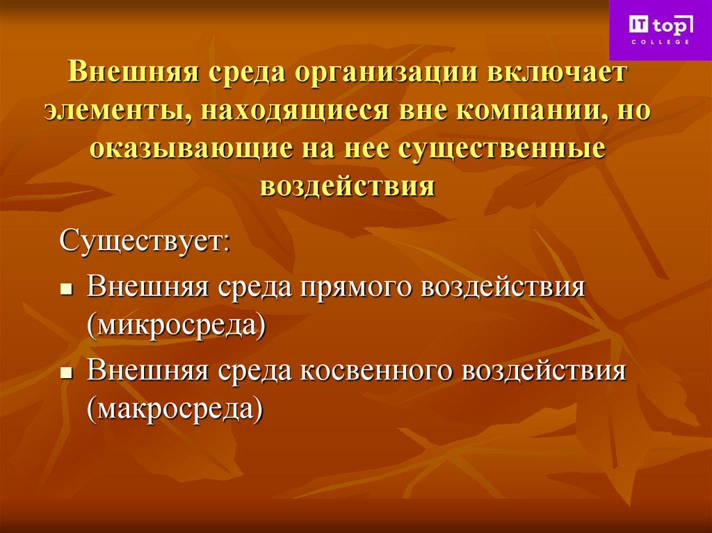Внешняя среда организации включает элементы, находящиеся вне компании, но оказывающие на нее существенные воздействия