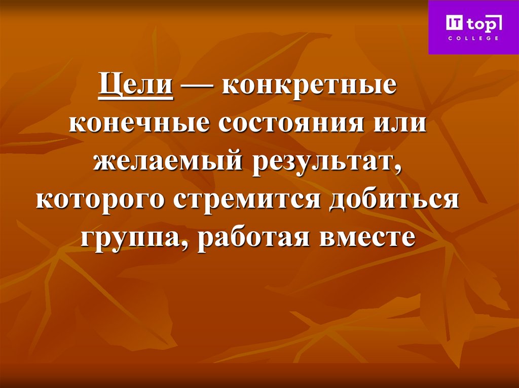 Цели — конкретные конечные состояния или желаемый результат, которого стремится добиться группа, работая вместе