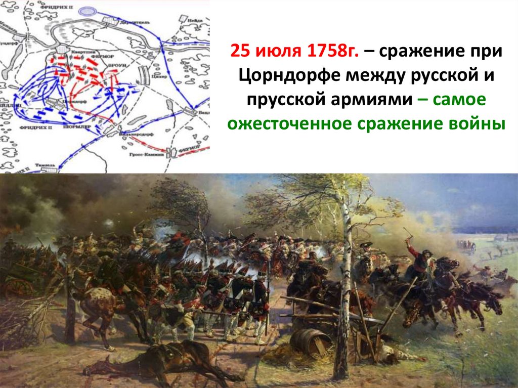 25 июля 1758г. – сражение при Цорндорфе между русской и прусской армиями – самое ожесточенное сражение войны