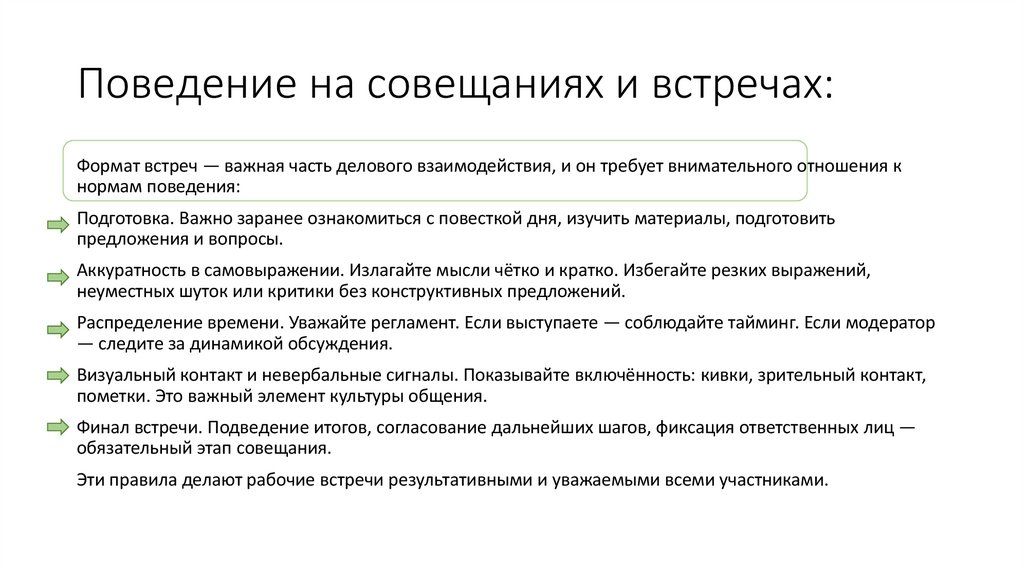 Поведение на совещаниях и встречах: