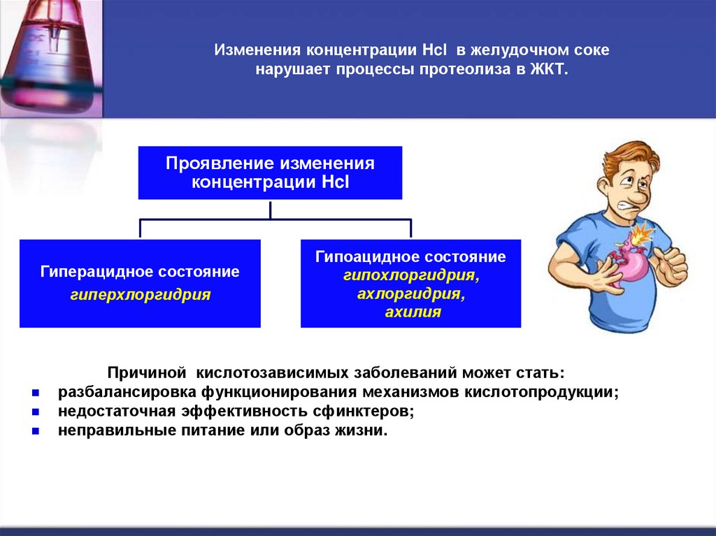 Изменения концентрации Hcl в желудочном соке нарушает процессы протеолиза в ЖКТ.