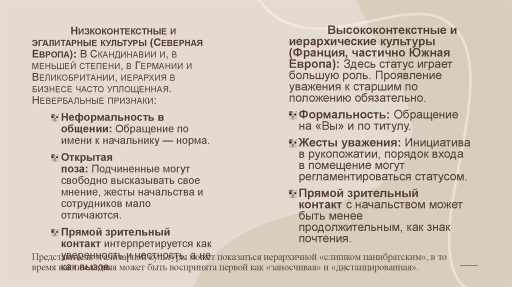 Представитель эгалитарной культуры может показаться иерархичной «слишком панибратским», в то время как последняя может быть