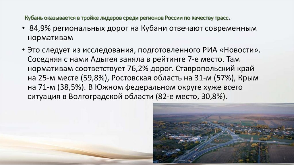 Кубань оказывается в тройке лидеров среди регионов России по качеству трасс.