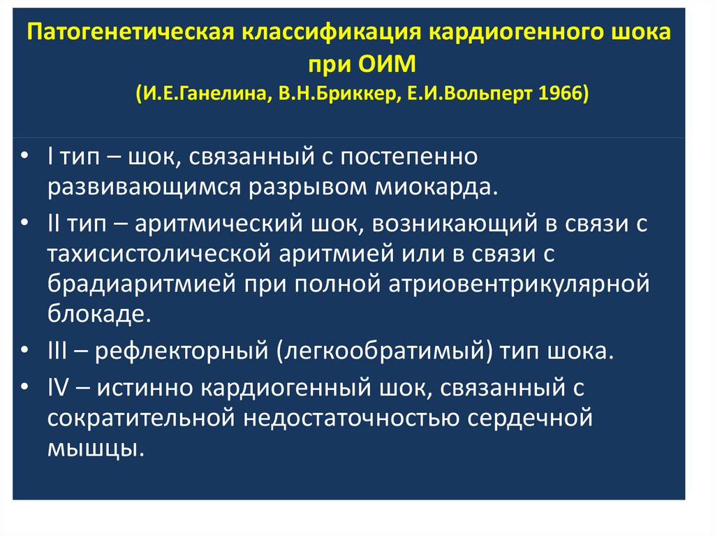 Патогенетическая классификация кардиогенного шока при ОИМ (И.Е.Ганелина, В.Н.Бриккер, Е.И.Вольперт 1966)