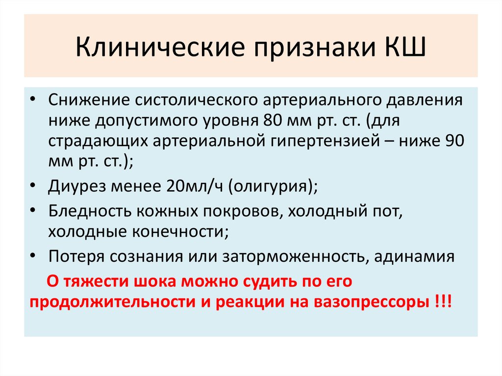Клинические признаки КШ