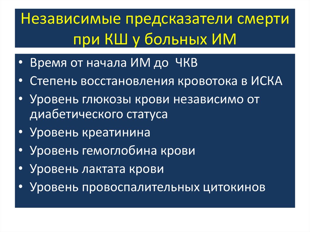 Независимые предсказатели смерти при КШ у больных ИМ