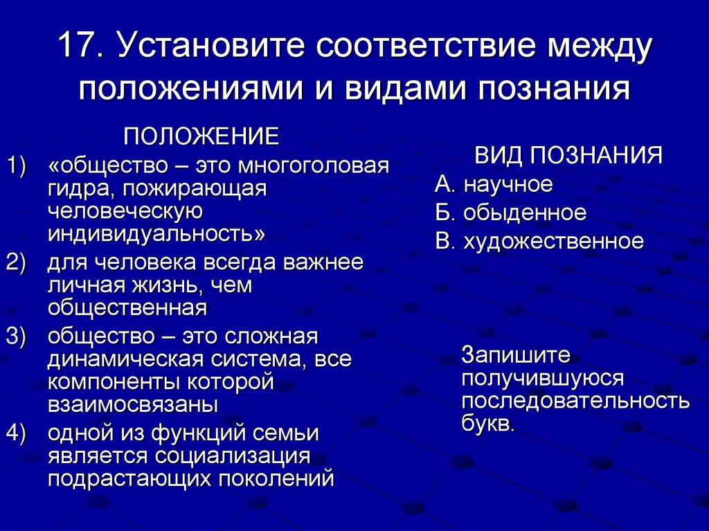 17. Установите соответствие между положениями и видами познания