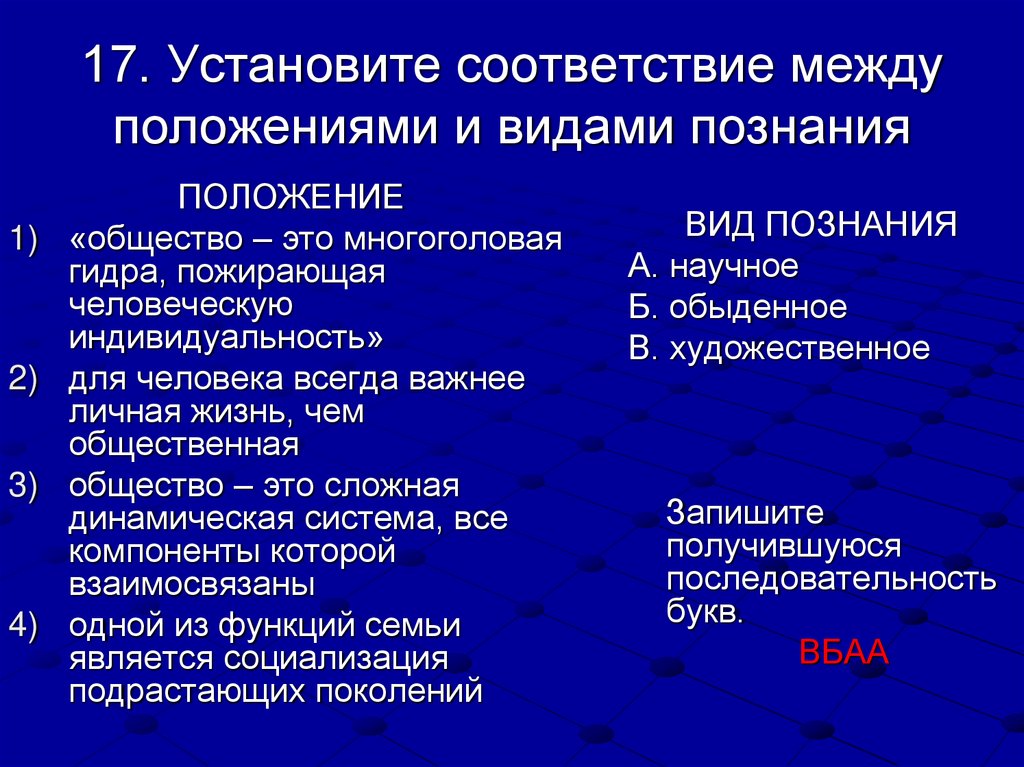 17. Установите соответствие между положениями и видами познания