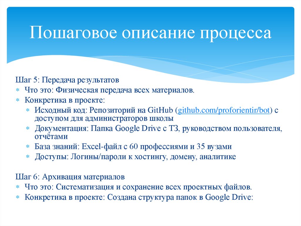 Пошаговое описание процесса