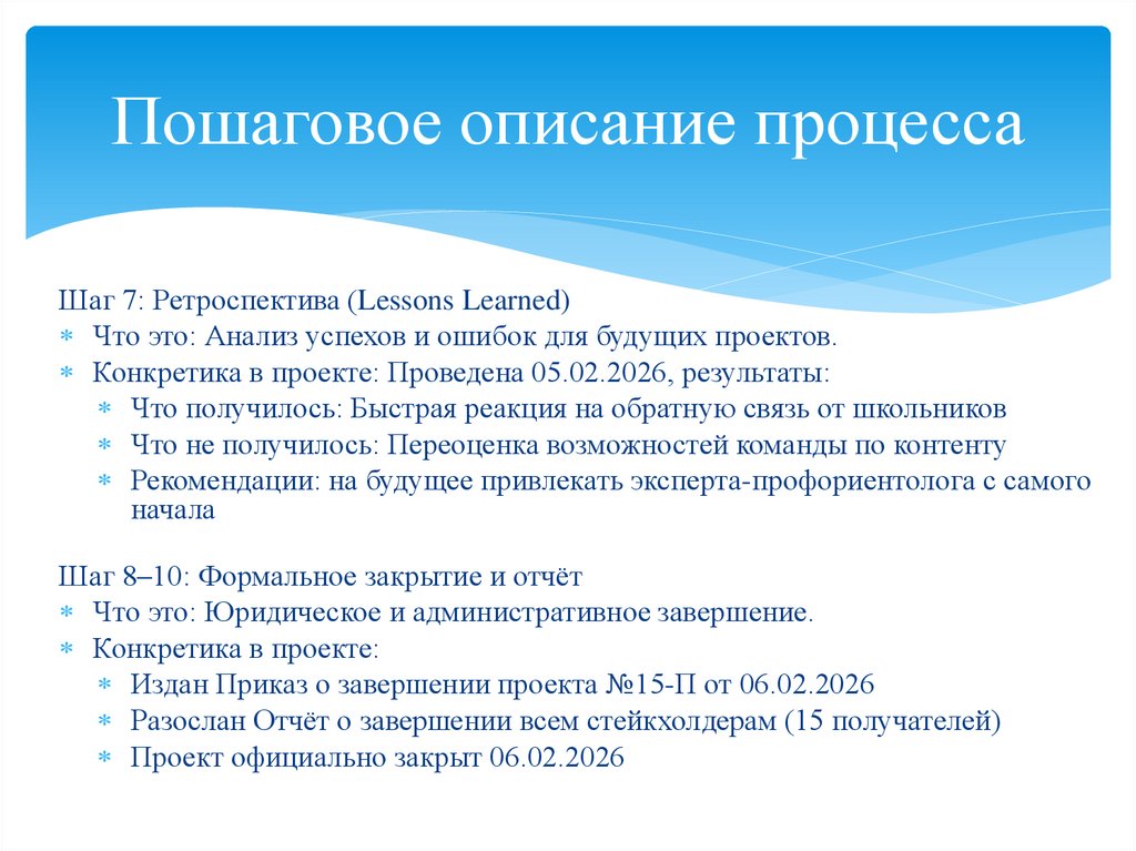 Пошаговое описание процесса