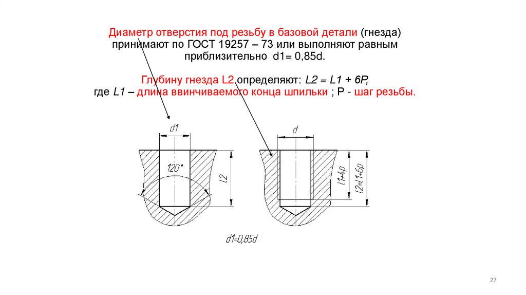 Диаметр отверстия под резьбу в базовой детали (гнезда) принимают по ГОСТ 19257 – 73 или выполняют равным приблизительно d1=