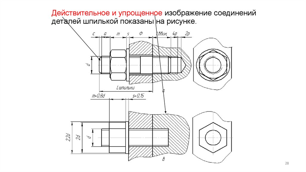Действительное и упрощенное изображение соединений деталей шпилькой показаны на рисунке.