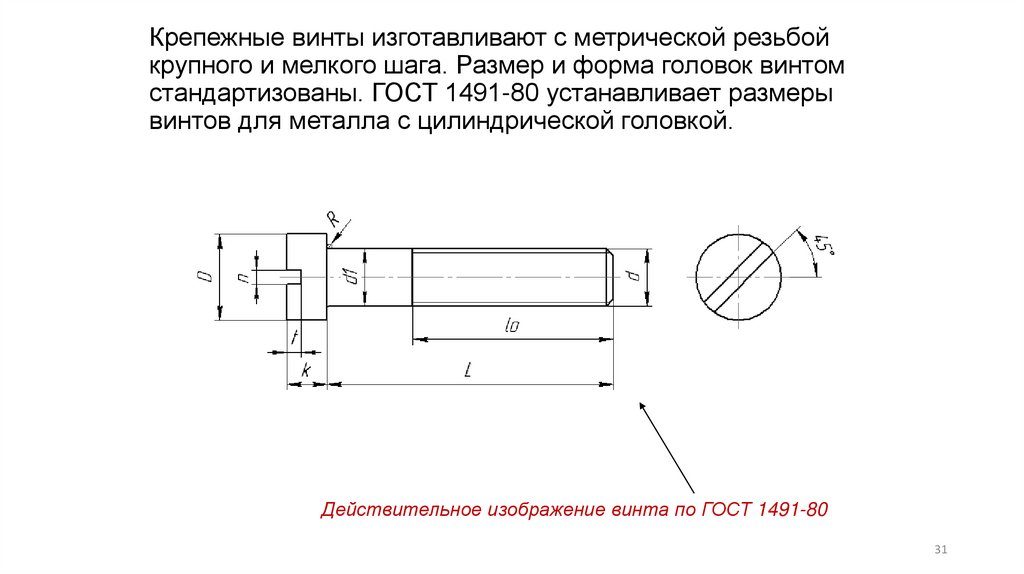 Крепежные винты изготавливают с метрической резьбой крупного и мелкого шага. Размер и форма головок винтом стандартизованы.