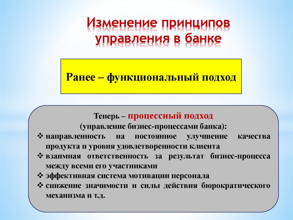 Изменение принципов управления в банке