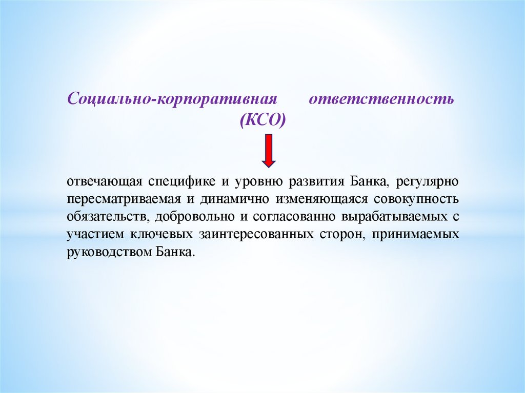 Социально-корпоративная ответственность  (КСО) отвечающая специфике и уровню развития Банка, регулярно пересматриваемая и