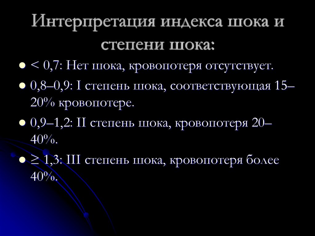 Интерпретация индекса шока и степени шока:
