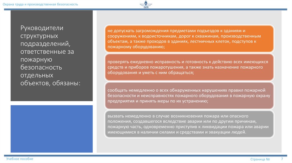 Руководители структурных подразделений, ответственные за пожарную безопасность отдельных объектов, обязаны: