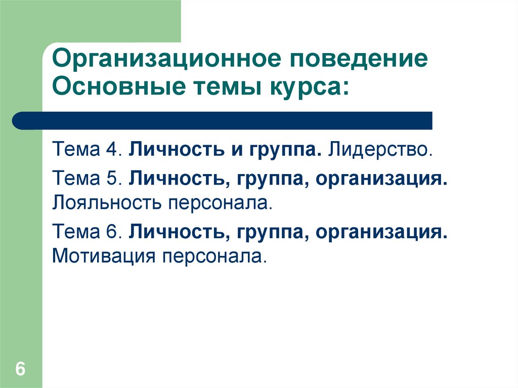 Организационное поведение Основные темы курса: