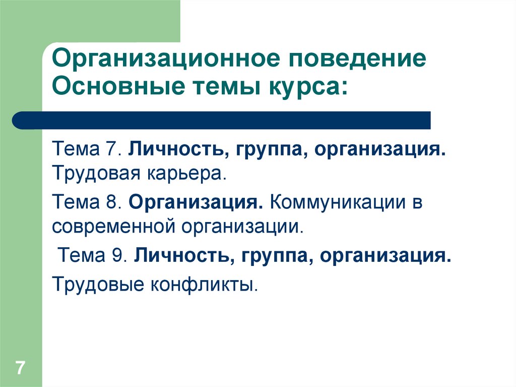 Организационное поведение Основные темы курса: