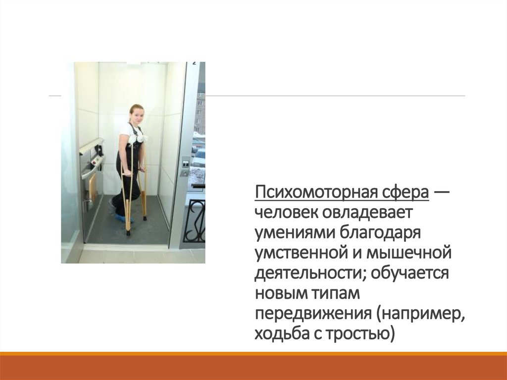 Психомоторная сфера — человек овладевает умениями благодаря умственной и мышечной деятельности; обучается новым типам