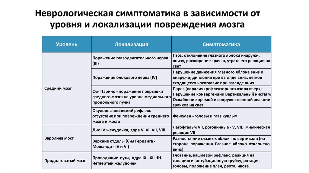 Неврологическая симптоматика в зависимости от уровня и локализации повреждения мозга