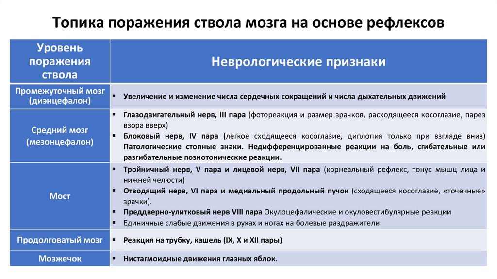 Топика поражения ствола мозга на основе рефлексов