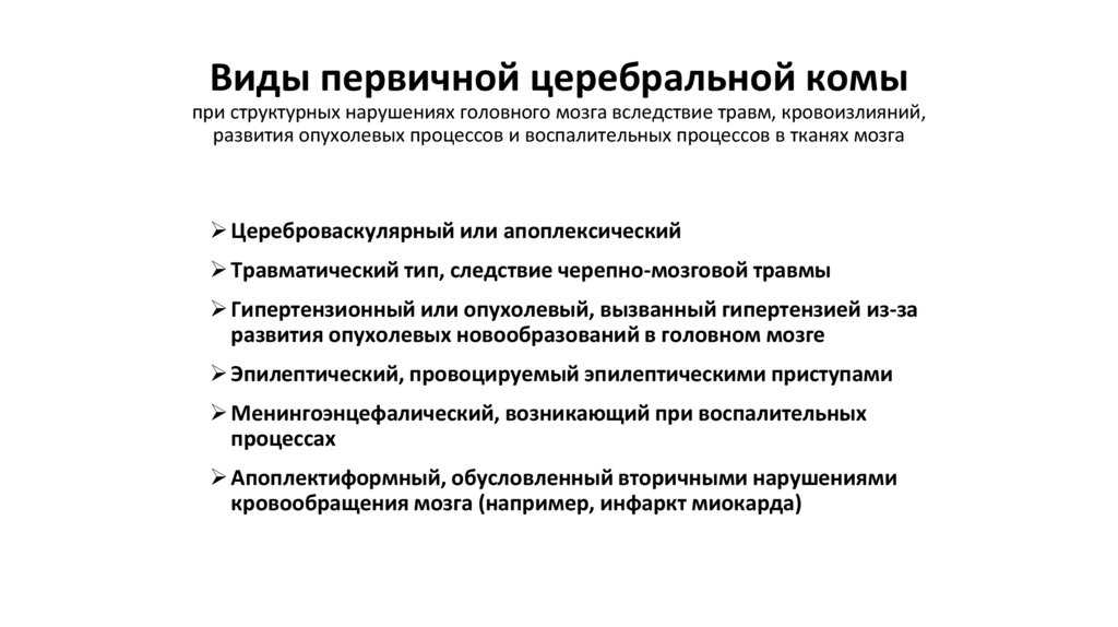 Виды первичной церебральной комы при структурных нарушениях головного мозга вследствие травм, кровоизлияний, развития
