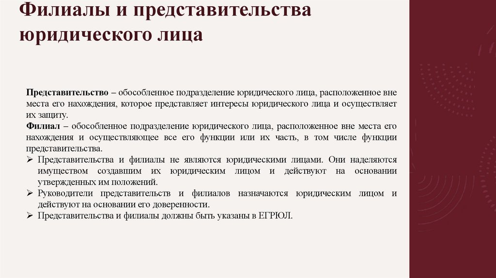 Филиалы и представительства юридического лица