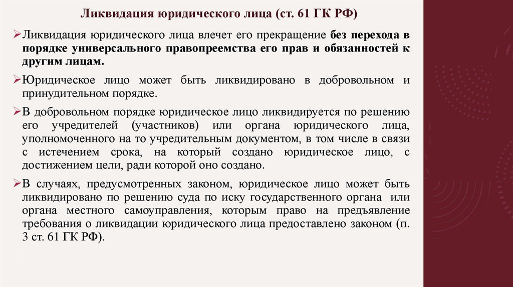 Ликвидация юридического лица (ст. 61 ГК РФ)
