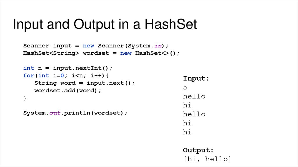 Input and Output in a HashSet