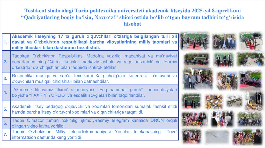 Toshkent shahridagi Turin politexnika universiteti akademik litseyida 2025-yil 8-aprel kuni “Qadriyatlaring boqiy bo‘lsin,