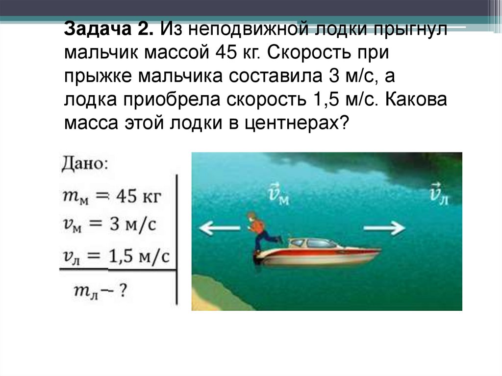 Задача 2. Из неподвижной лодки прыгнул мальчик массой 45 кг. Скорость при прыжке мальчика составила 3 м/с, а лодка приобрела
